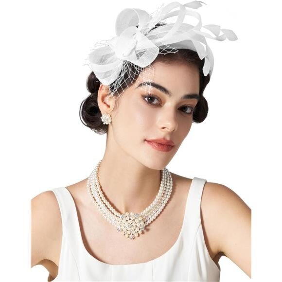 Fascinators Headband with Feather, White main image 5